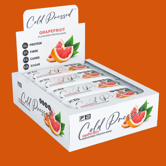 Box of Cold Pressed Grapefruit protein bars with visible branding and nutritional information.
