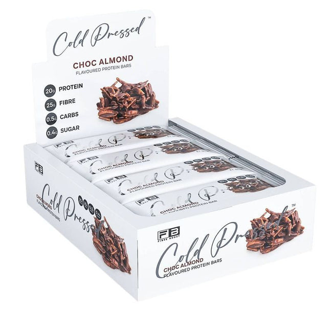 Box of Fibre Boost Cold Pressed Choc Almond protein bars on a white background