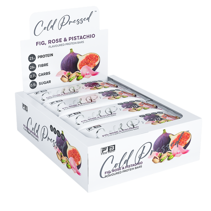 Fibre Boost Fig, Rose & Pistachio flavoured cold pressed protein bar packaging close-up