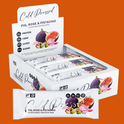 Box of Fibre Boost Fig, Rose & Pistachio flavoured cold pressed protein bar, high fibre and 20g+ protein