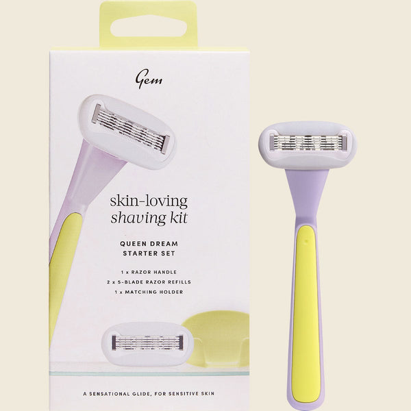 Gem Skin-Loving Shaving Kit Queen Dream Starter Set, lilac and yellow razor handle with 5-blade refill and matching holder