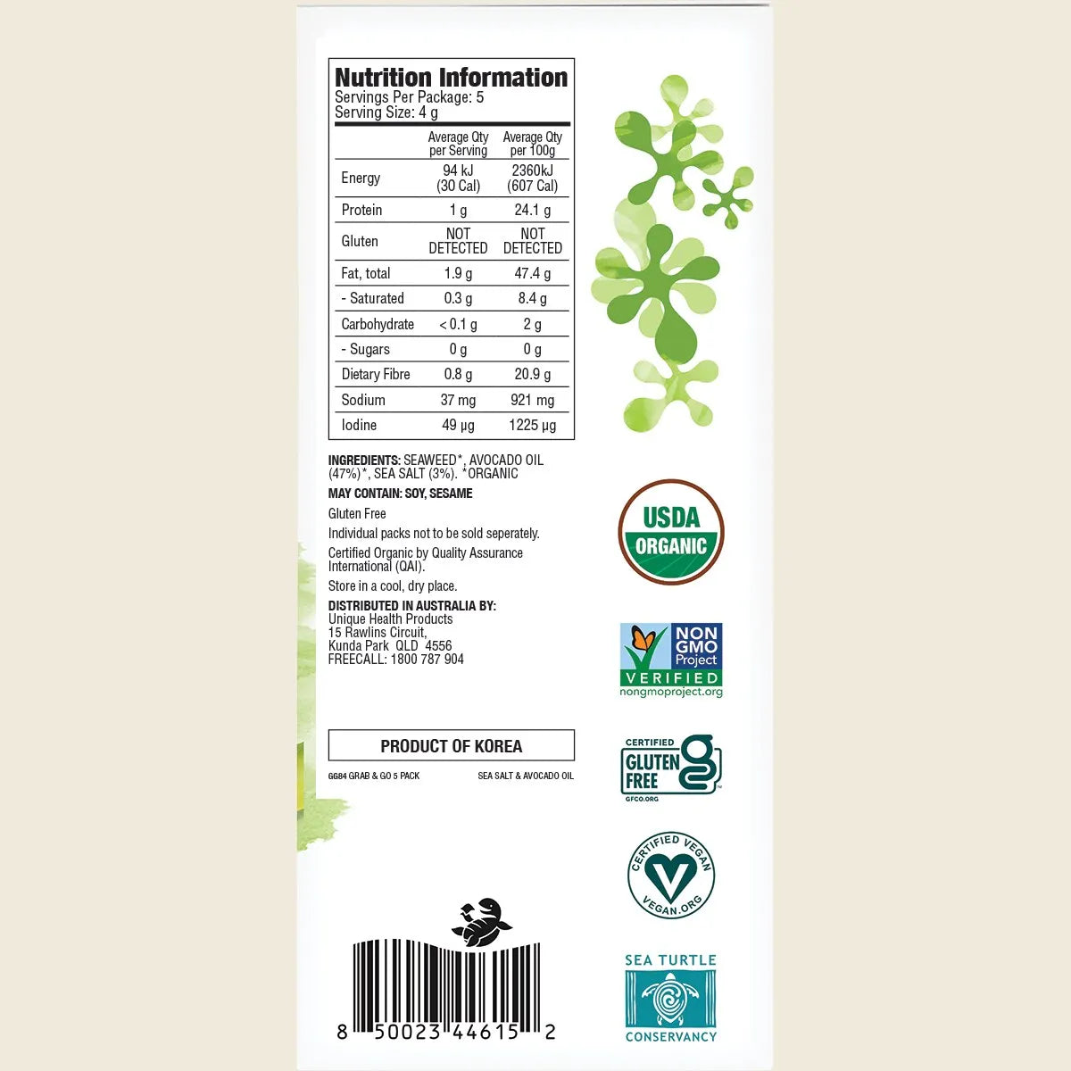 Gimme Roasted Seaweed Snacks Grab & Go Sea Salt & Avocado Oil 5x4g