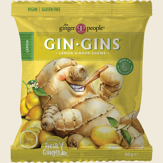 Front of Gin Gins Lemon Ginger Chews 60g bag