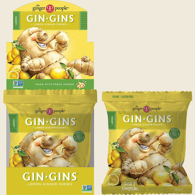Gin Gins Lemon Ginger Chews 12 x 60g carton with individual bags