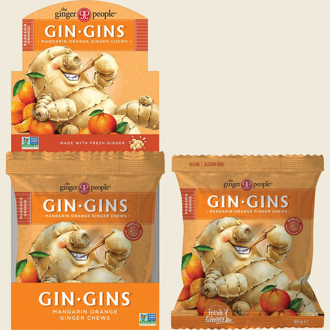 Gin Gins Mandarin Orange Ginger Chews 12 x 60g carton with individual bags