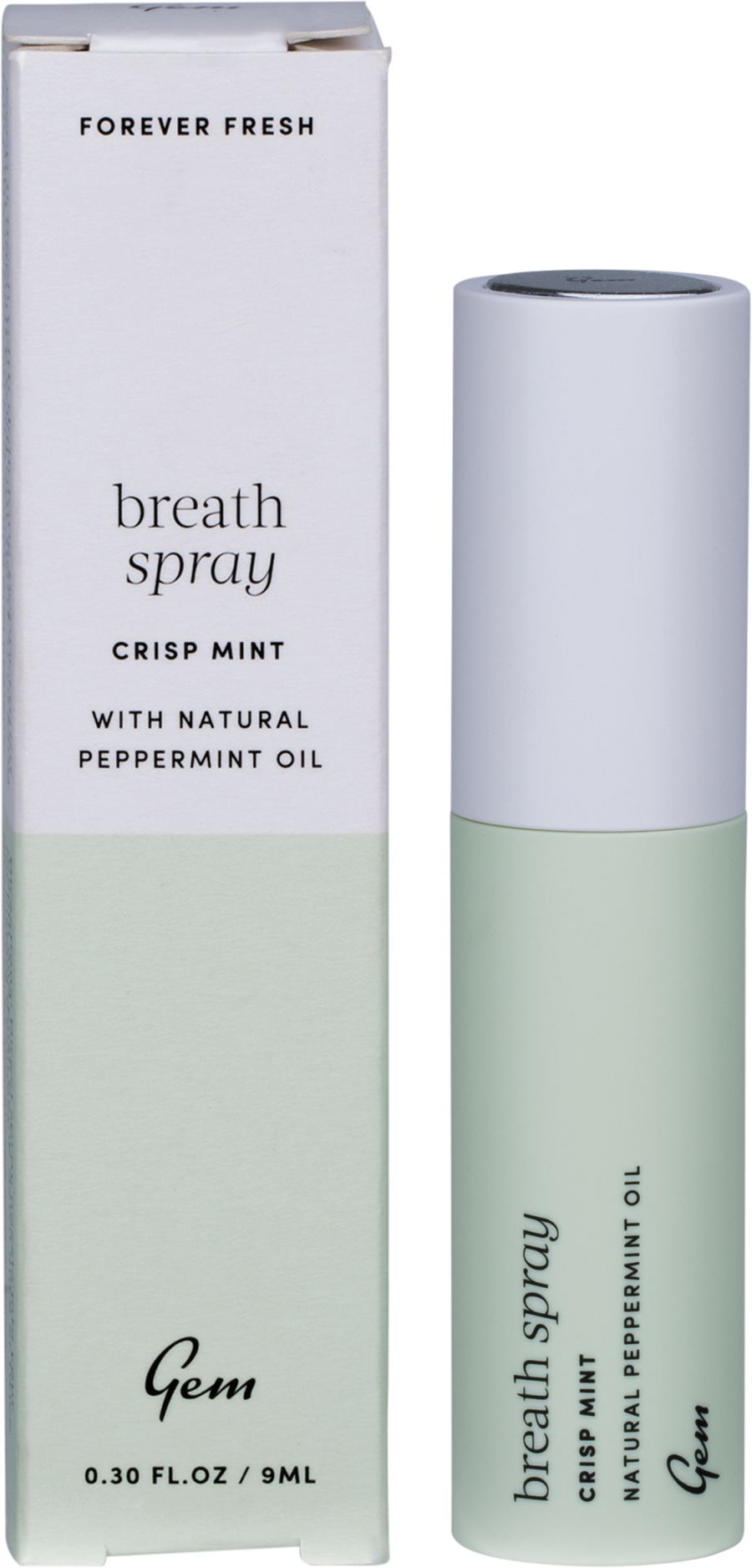 Gem breath spray Crisp Mint for instant freshness and quick relief from bad breath.