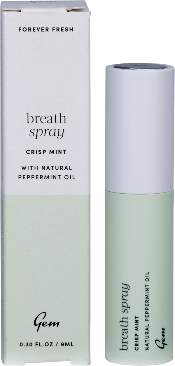 Gem breath spray Crisp Mint for instant freshness and quick relief from bad breath.
