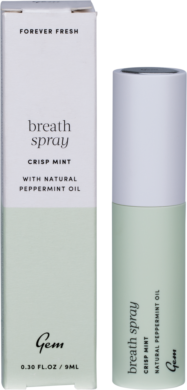Gem breath spray Crisp Mint for instant freshness and quick relief from bad breath.
