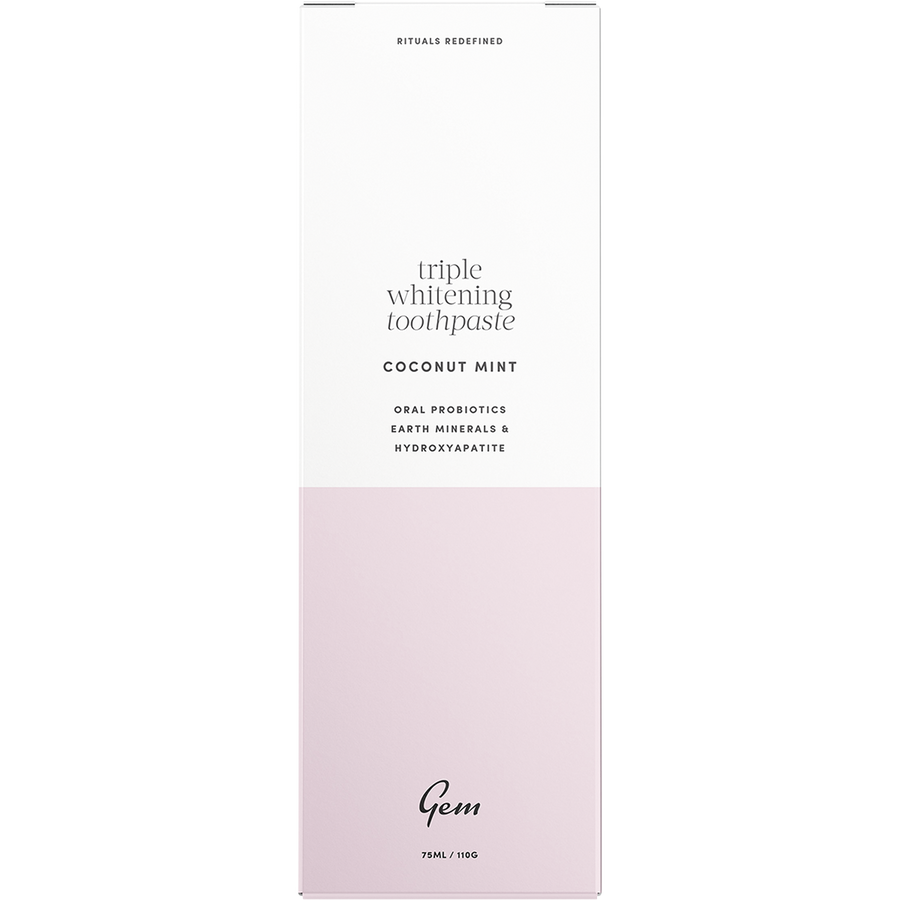 Gem toothpaste Triple Whitening Coconut Mint packaging for effective whitening and healthy smile.