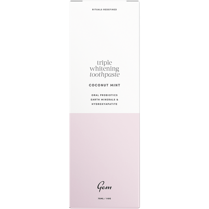 Gem toothpaste Triple Whitening Coconut Mint packaging for effective whitening and healthy smile.