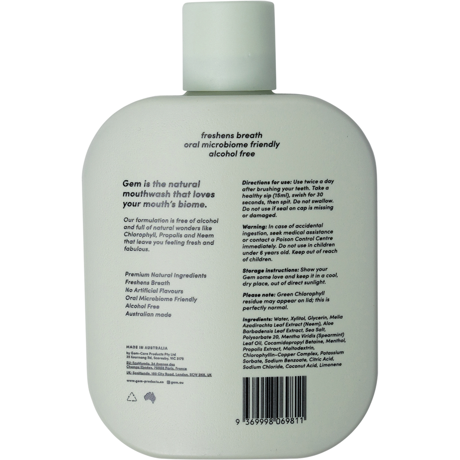 Bottle of Gem Premium Natural Mouthwash with Crisp Mint