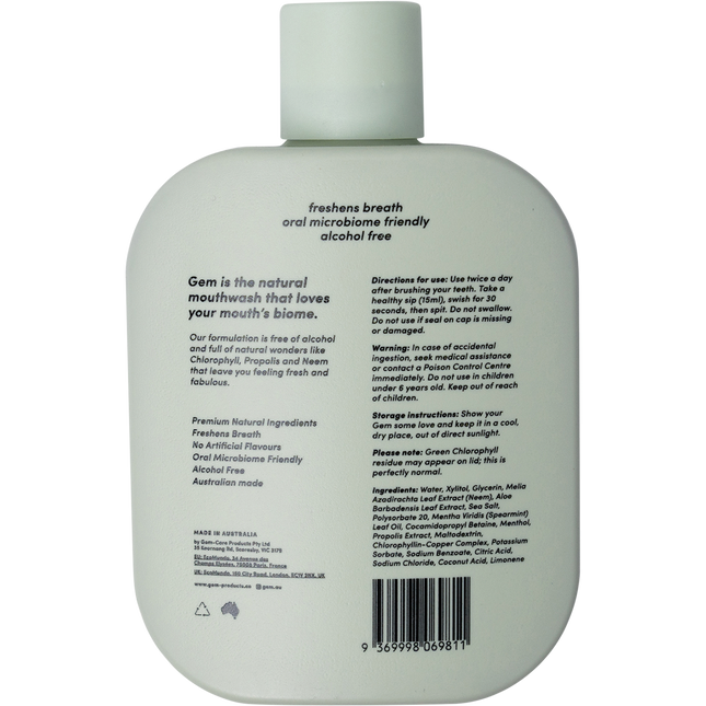 Bottle of Gem Premium Natural Mouthwash with Crisp Mint