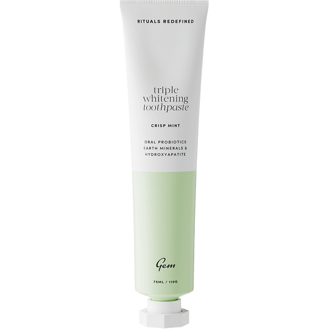 Gem toothpaste Crisp Mint formula designed to whiten teeth and support everyday oral care.