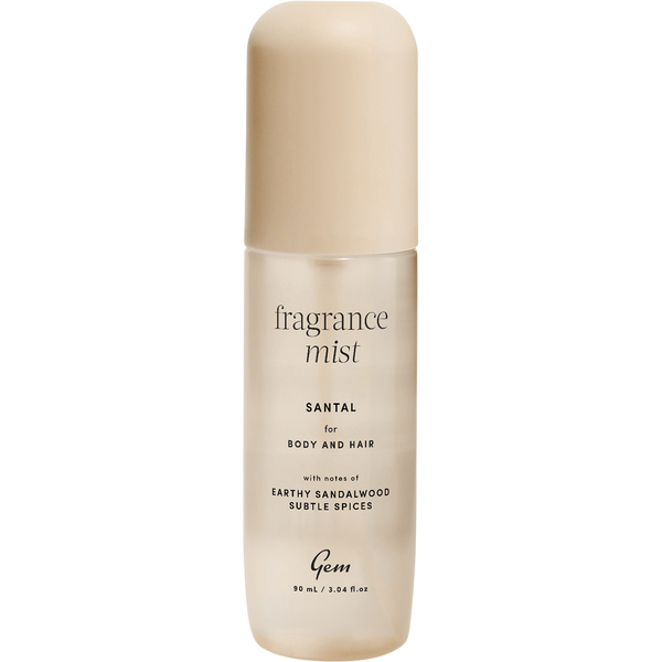 Gem Santal hair and body mist bottle, a lightweight fragrance spray with a warm woody sandalwood scent.