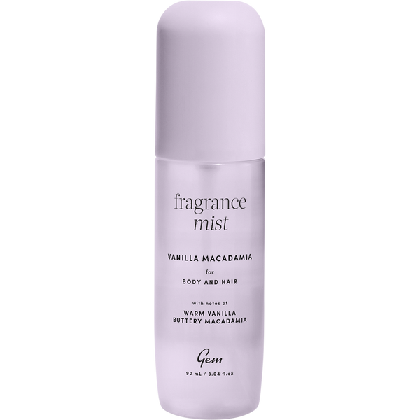 Gem Vanilla Macadamia hair and body mist bottle, a lightweight fragrance spray with a warm nutty scent.
