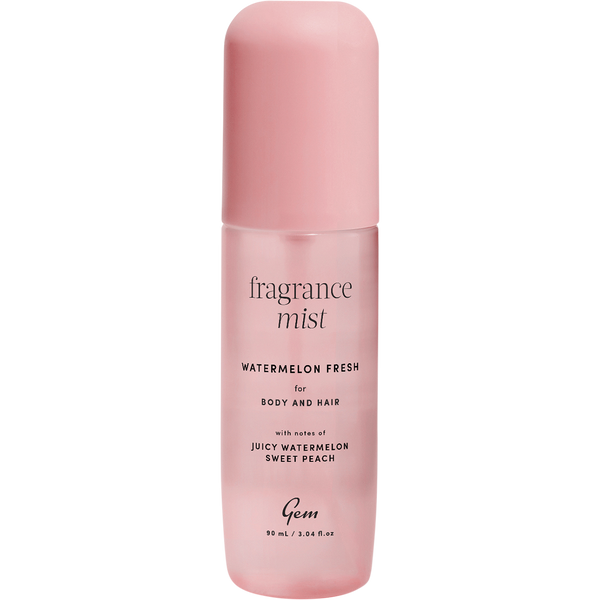 Gem Watermelon Fresh hair and body mist bottle, a lightweight fragrance spray with a juicy watermelon scent.