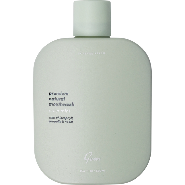 Gem Mouthwash Premium Natural Crisp Mint bottle on white background