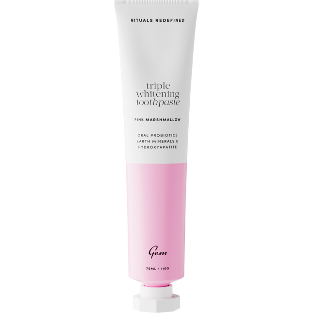 Gem toothpaste Pink Marshmallow formula designed to whiten teeth and support daily oral care.