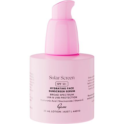 Gem Solar Screen SPF50+ lightweight sunscreen serum for daily face protection and smooth radiant finish.