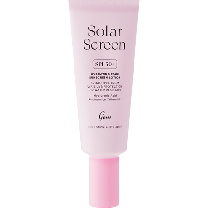 Gem Solar Screen SPF50+ lightweight hydrating sunscreen for daily face protection and smooth finish.