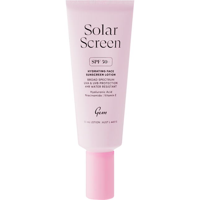 Gem Solar Screen SPF50+ lightweight hydrating sunscreen for daily face protection and smooth finish.