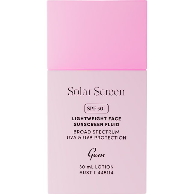 Gem Solar Screen SPF50+ fast absorbing sunscreen fluid for daily face protection and non greasy finish.