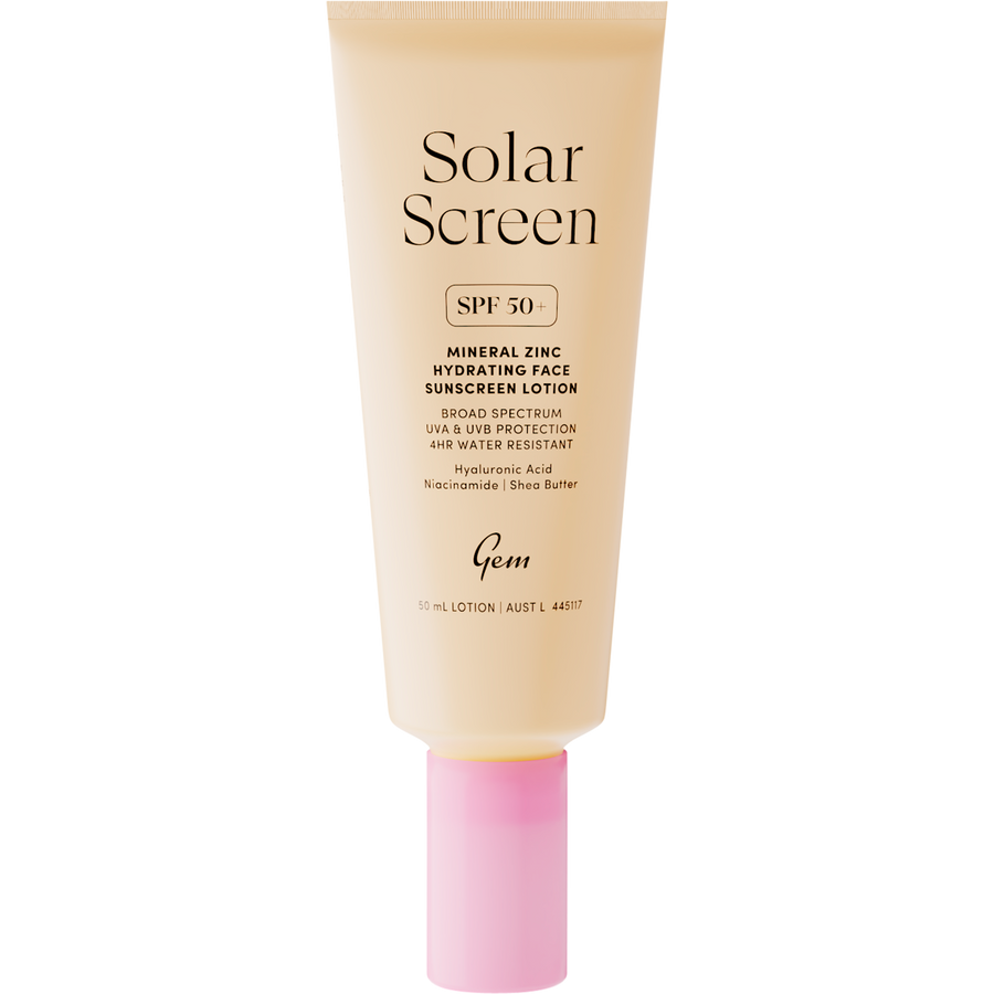 Gem Solar Screen SPF50+ mineral zinc sunscreen lotion for daily face protection and hydration.