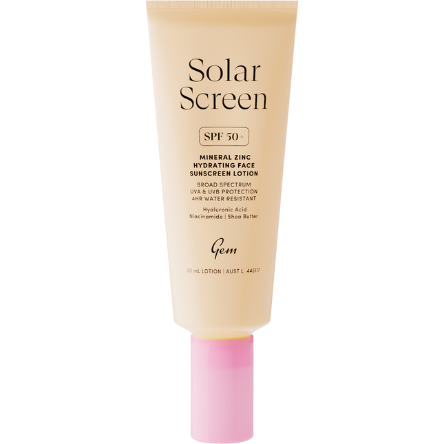 Gem Solar Screen SPF50+ mineral zinc sunscreen lotion for daily face protection and hydration.