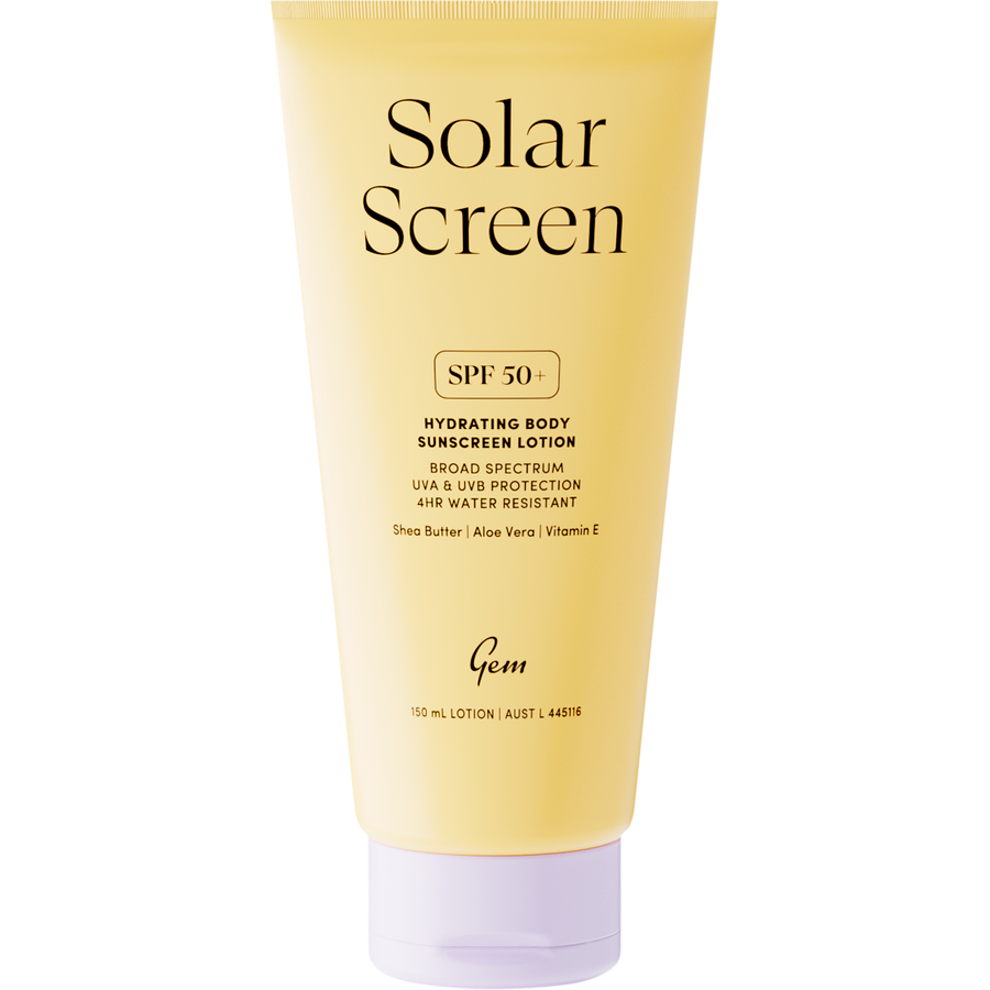 Gem Solar Screen SPF50+ hydrating body sunscreen lotion with broad spectrum UVA and UVB protection.