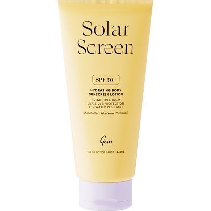 Gem Solar Screen SPF50+ hydrating body sunscreen lotion with broad spectrum UVA and UVB protection.