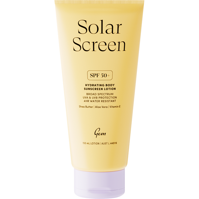 Gem Solar Screen SPF50+ hydrating body sunscreen lotion with broad spectrum UVA and UVB protection.