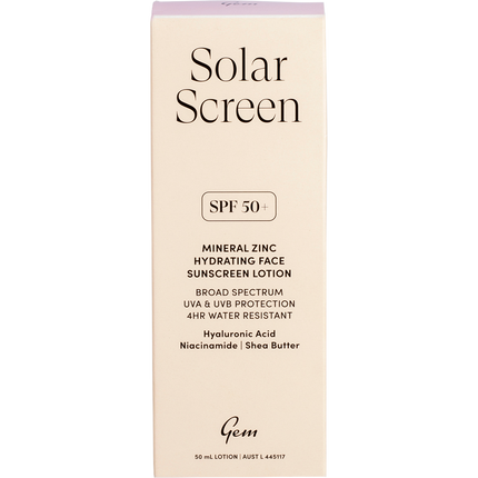 Gem Solar Screen SPF50+ face sunscreen lotion packaging for everyday sun protection and skin hydration.