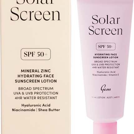 Gem Solar Screen SPF50+ hydrating face sunscreen lotion with broad spectrum UVA and UVB protection.