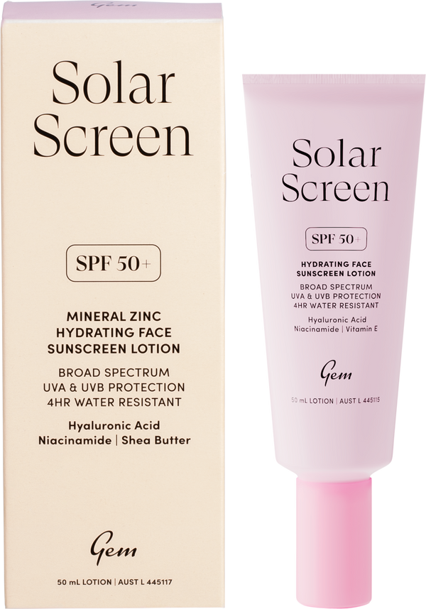 Gem Solar Screen SPF50+ Hydrating Face Sunscreen Lotion bottle with broad-spectrum UVA and UVB protection.