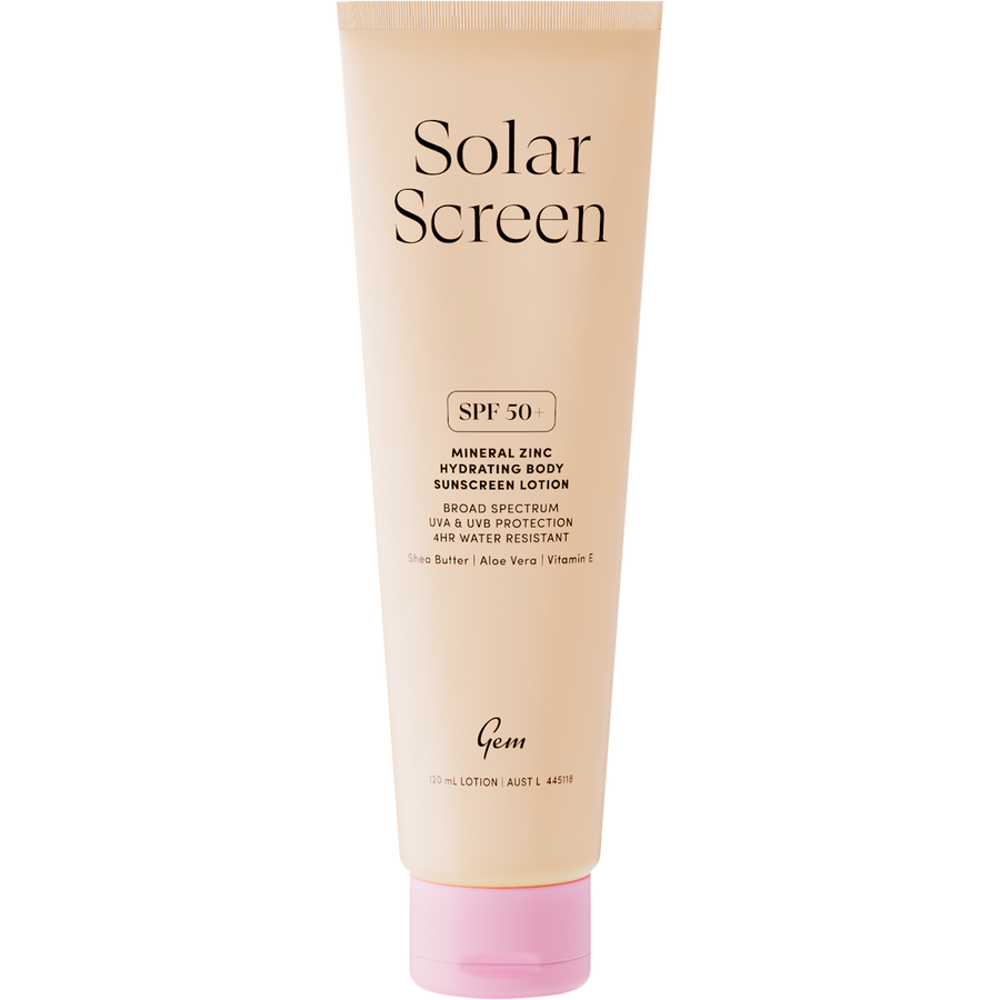 Gem Solar Screen SPF50+ mineral zinc hydrating body lotion with broad spectrum UVA and UVB protection.