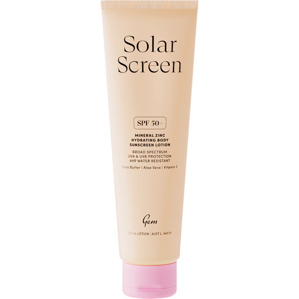 Gem Solar Screen SPF50+ mineral zinc hydrating body lotion with broad spectrum UVA and UVB protection.
