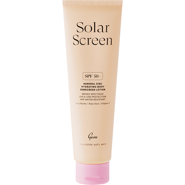 Gem Solar Screen SPF50+ mineral zinc hydrating body lotion with broad spectrum UVA and UVB protection.