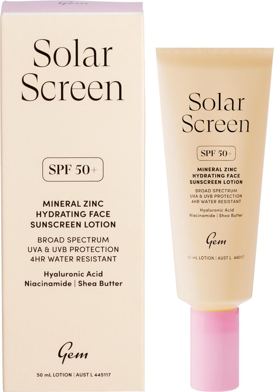 Gem Solar Screen SPF50+ mineral zinc hydrating face lotion with broad spectrum UVA and UVB protection.