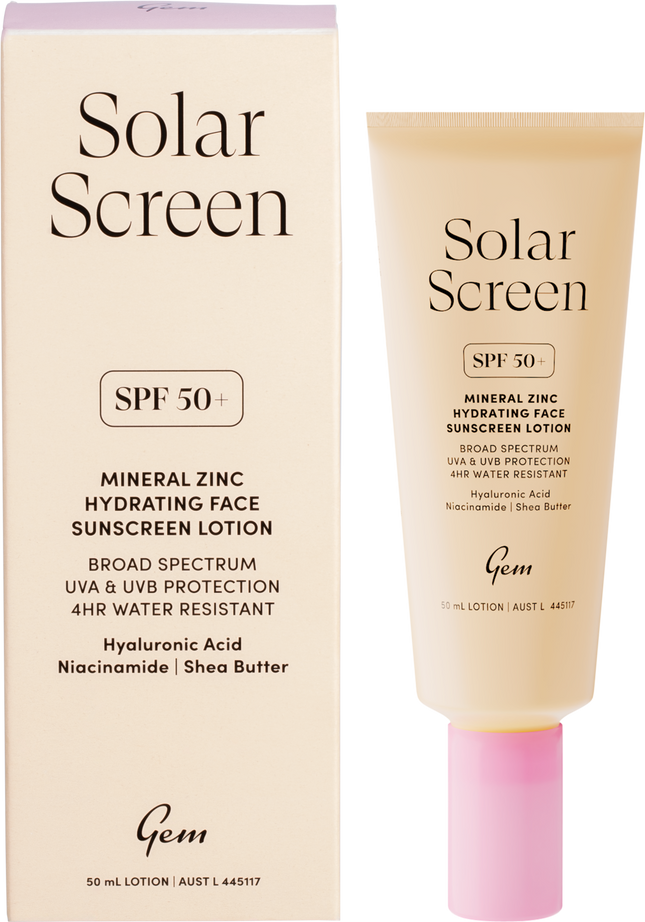 Gem Solar Screen SPF50+ mineral zinc hydrating face lotion with broad spectrum UVA and UVB protection.
