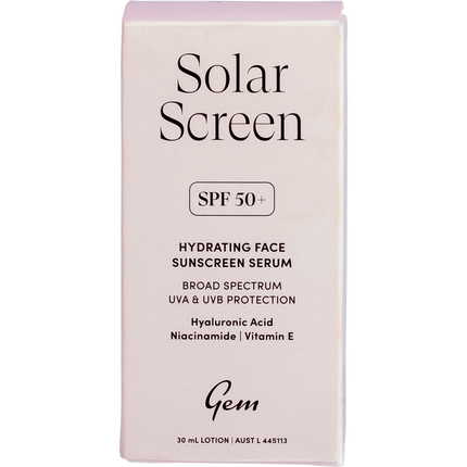 Gem Solar Screen SPF50+ hydrating sunscreen serum packaging for everyday sun protection and skin care.