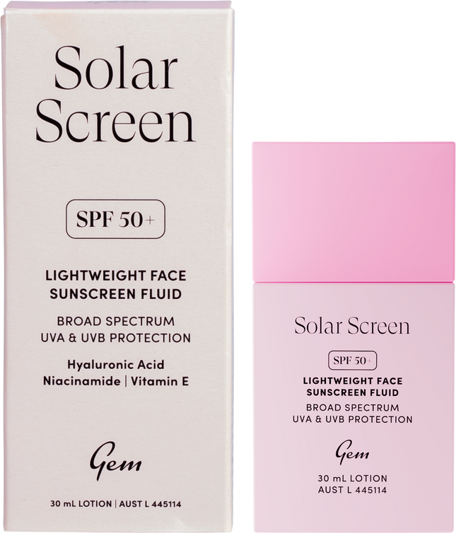 Gem Solar Screen SPF50+ lightweight face sunscreen fluid with broad spectrum UVA and UVB protection.