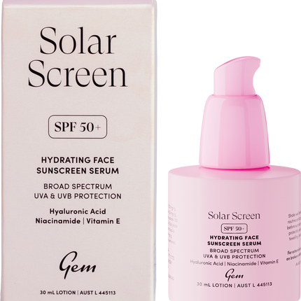 Gem Solar Screen SPF50+ hydrating face sunscreen serum with broad spectrum UVA and UVB protection.