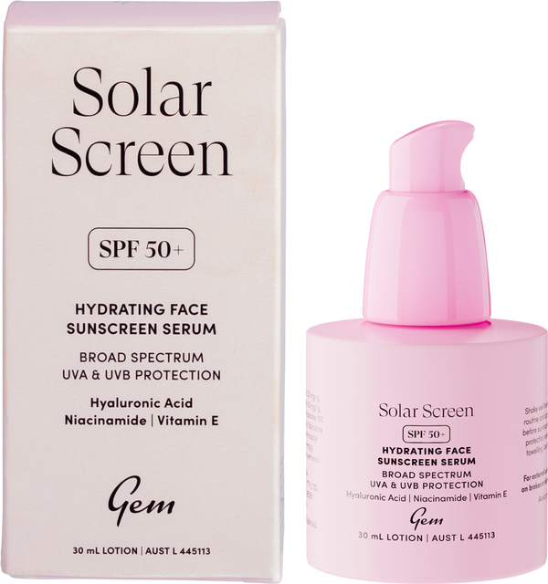 Gem Solar Screen SPF50+ Hydrating Face Sunscreen Serum bottle with broad-spectrum UVA and UVB protection.
