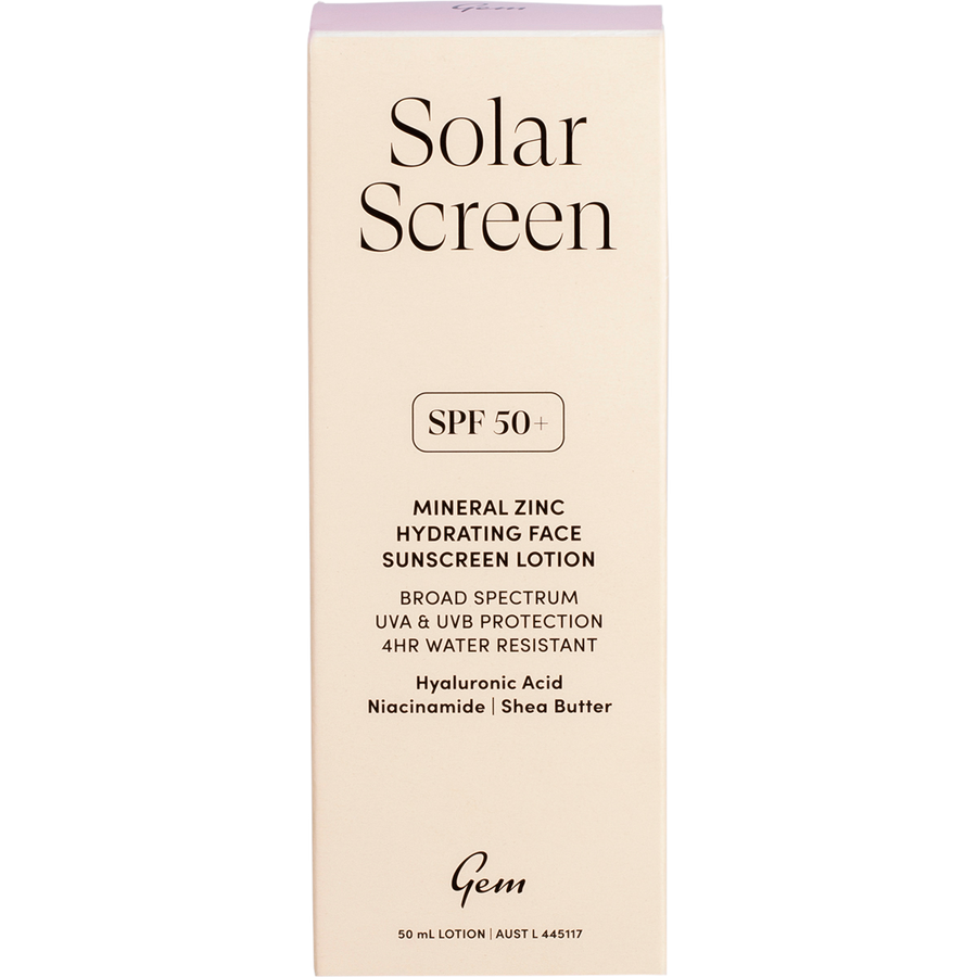 Gem Solar Screen SPF50+ mineral zinc hydrating face sunscreen packaging for everyday skin care.