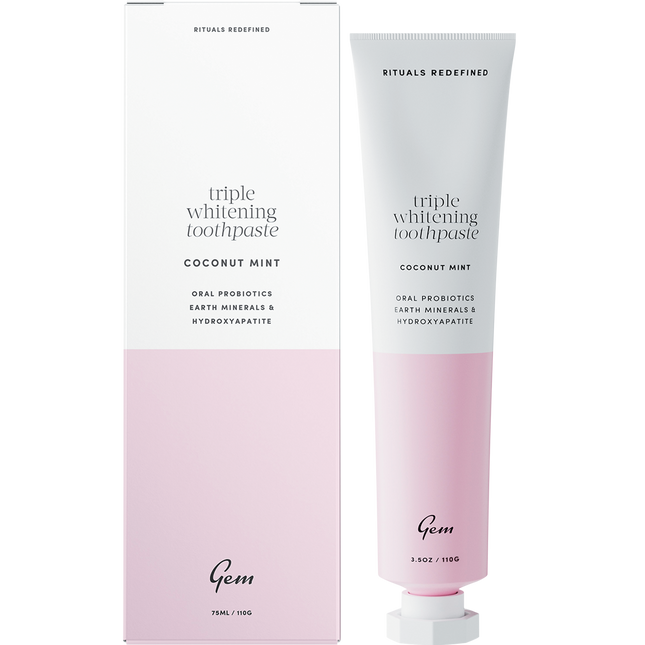 Gem toothpaste Triple Whitening Coconut Mint for brighter gem teeth and fresh long lasting breath.