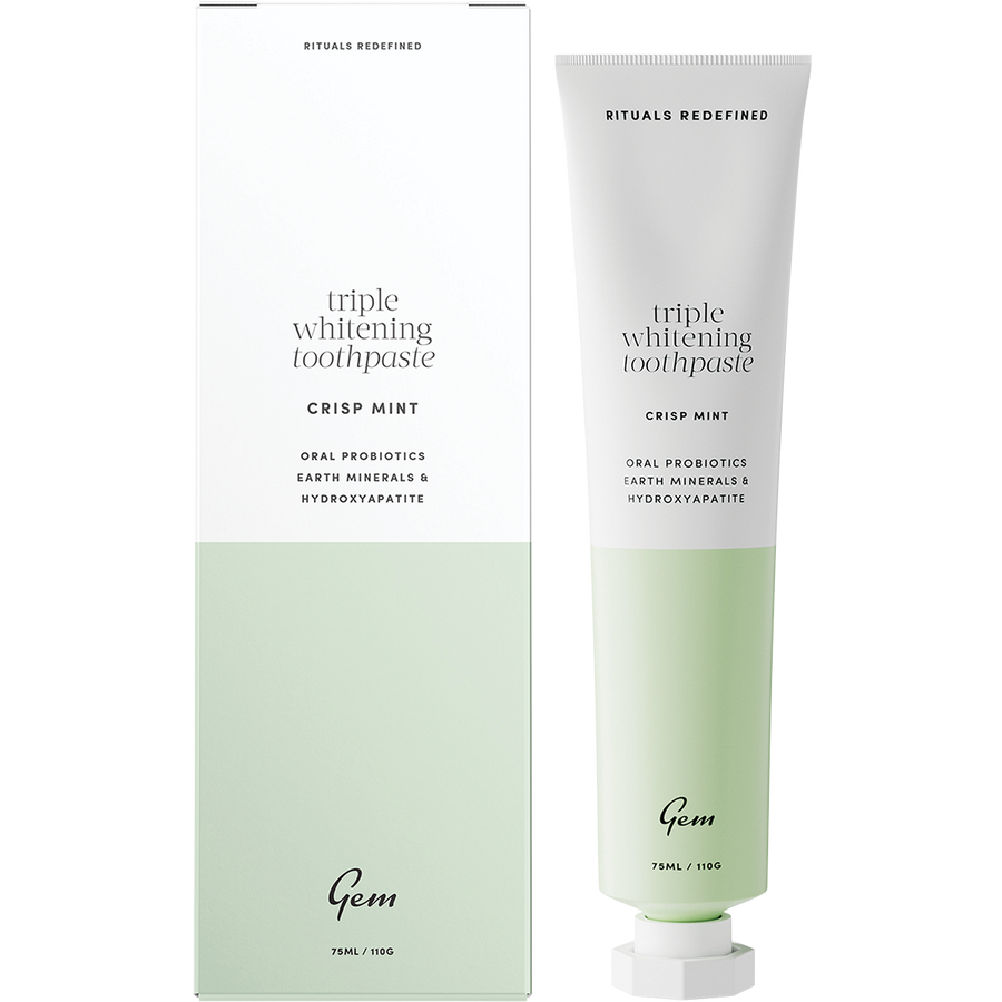 Gem toothpaste Triple Whitening Crisp Mint for brighter gem teeth and long lasting fresh breath.