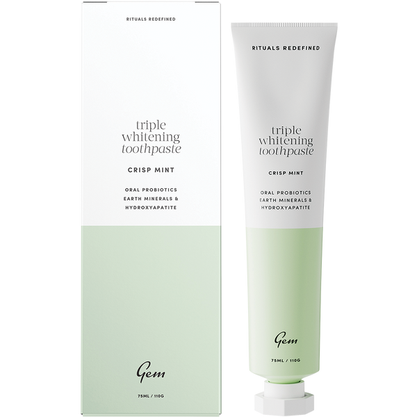 Gem toothpaste Triple Whitening Crisp Mint for brighter gem teeth and long lasting fresh breath.