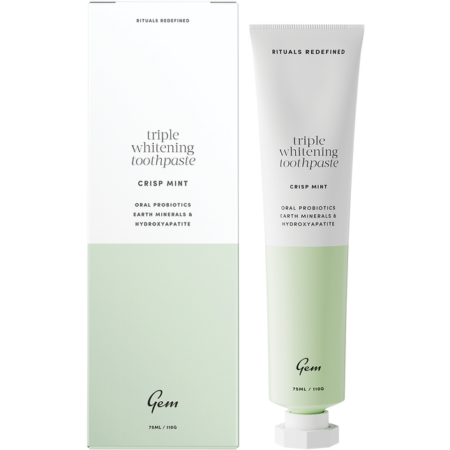 Gem toothpaste Triple Whitening Crisp Mint for brighter gem teeth and long lasting fresh breath.