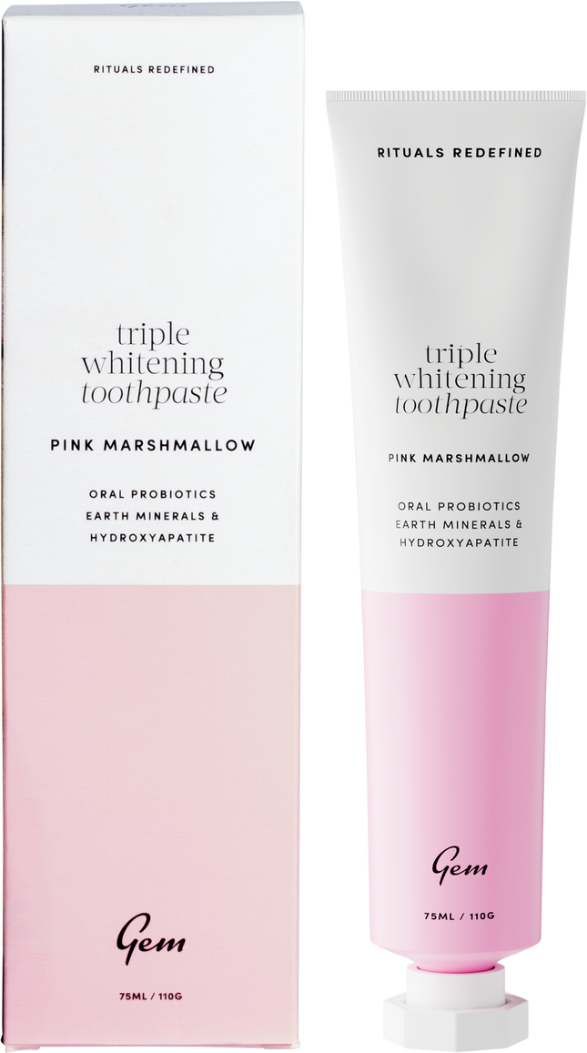 Gem toothpaste Triple Whitening Pink Marshmallow for brighter gem teeth and fresh breath.