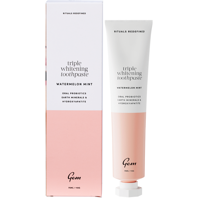 Gem toothpaste Triple Whitening Watermelon Mint for brighter gem teeth and fresh long lasting breath.